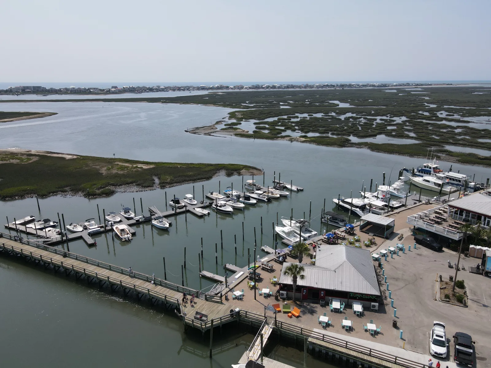 Murrells Inlet from the air, the marina and the salt marsh behind it